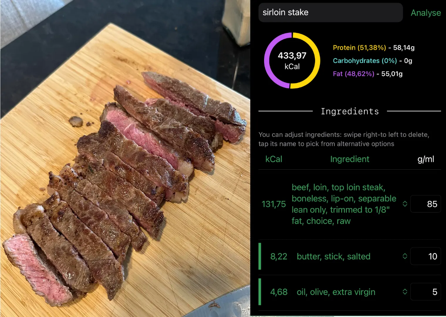 App extracts ingredients and allows to adjust them with remove/edit/add options